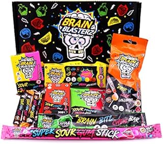 Pudełko na słodycze Brain Blasterz | Twarde Sour Candy, Brain Breakerz, Brain Bitz, Batony do Żucia i Więcej Kwaśnych Cukierków | Jabłko, Truskawka, Arbuz, Cola i Więcej | Prezent urodzinowy Prezent