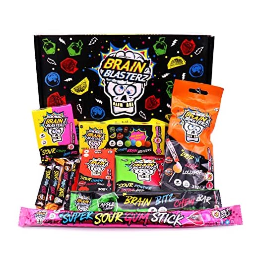 Brain Blasterz Caja de regalo Sour sweets SMALL, Caramelos agrios duros, barras masticables y más dulces sabor Fresa y Manzana, regalo para cumpleaños y Halloween