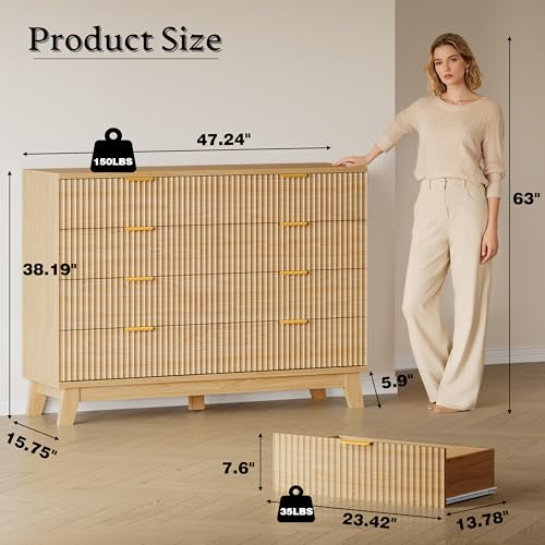 Image of BORNOON Fluted 8 Drawer Tall Dresser, 47.2 inch Wide Modern Boho Chest of Drawers, Wooden Storage Dresser TV Stand for Bedroom, Living Room, Closet, Hallway, Curved Profile Design