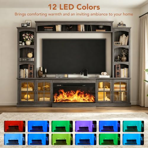 Image of MXV 98 inch Farmhouse Fireplace TV Stand, Large Wall Unit Entertainment Center with 36 inch Electric Fireplace, Media Console with Storage Cabinets and Open Shelves for Living Room, Grey