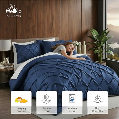 Image of Pinch Pleated Duvet Cover Set 1000TC 100% Cotton Premium 3-Pieces 1-Duvet Cover & 2-Pillow Cover Luxury Look Home and Hotel Zipper & 8-Tie Closure (Medium Blue, Queen 90 X 90 Inch)