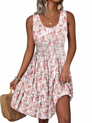 Image of Summer Dresses for Women Casual Sleeveless Sundresses Elastic Waist Mini Sun Dress