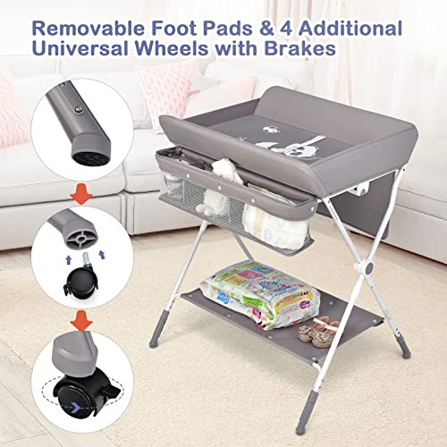 Baby Joy Baby Changing Table, Height Adjustable 4 In 1 Folding Diaper Station W/Detachable Wheels, Safety Belt, Storage Rack & Bag, Waterproof Pad, Portable Nursery Organizer For Infant Newborn, Gray #TOP3