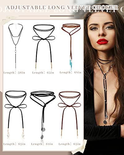 Sureio 6 Pcs Women Black Leather Velvet Long Choker Gothic Boho Brown Wrap Velvet Choker Long Chain Tassels Modern Choker With Velvet Bag For Girls Cowgirl #TOP1