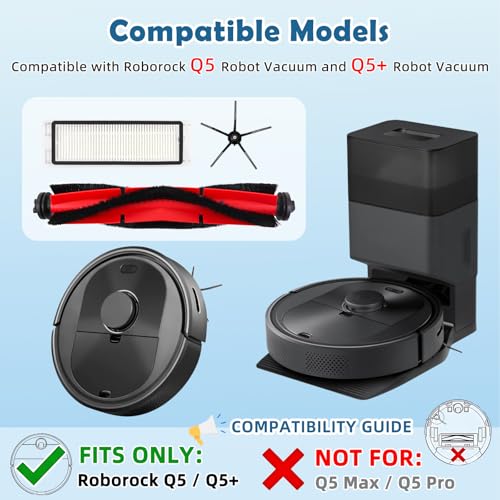 Image of Q5+ Replacement Parts for Roborock Q5 / Q5+ Robot Vacuum | Only Fits Q5 / Q5+, NOT for Other Models. 2 Main Brushes, 6 Filters, 8 Side Brushes, 1 Cleaning Brush & 1 Screwdriver