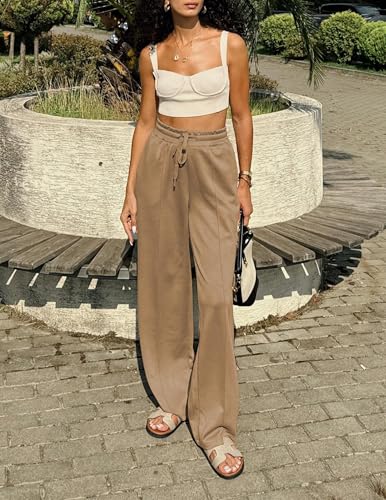 PINSPARK Damen Jogginghose High Waist Sporthose Weites Bein Sweatpants mit elastischem Bund Yogahose Trainingshose Fitness Sweathose Baggy Freizeithose mit Taschen Khaki M