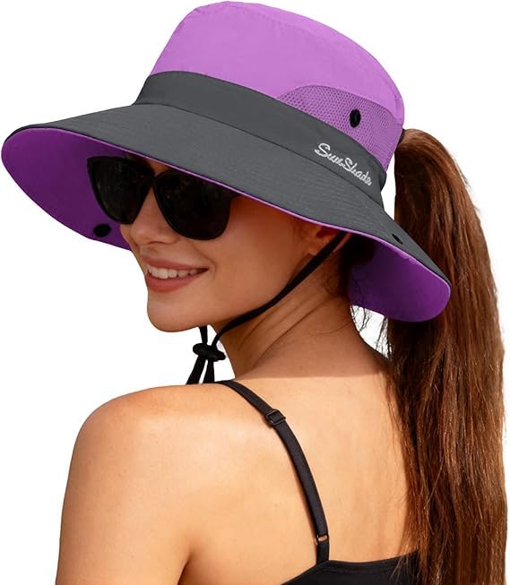 Women's Outdoor UV-Protection-Foldable Sun-Hats Mesh Wide-Brim Beach Fishing Hat with Ponytail-Hole Pink-image-8