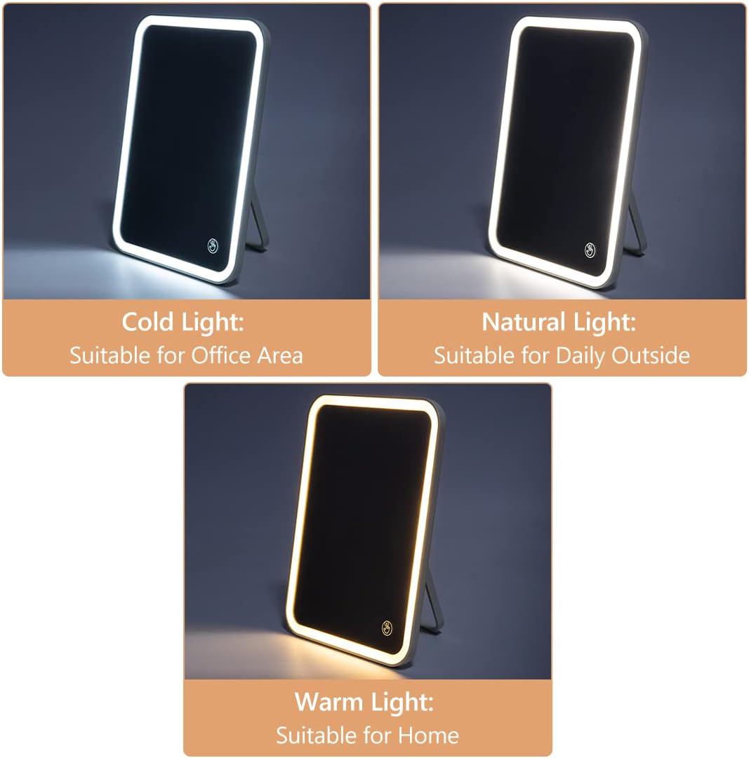 Beautrayn Makeup Mirror with Light, Touch Screen Vanity with 3X Mirror, USB Rechargeable 3 Color Lighting Modes, Adjustable Metal Stand 90° Rotation, Hanging Bathroom for Shower, Travel