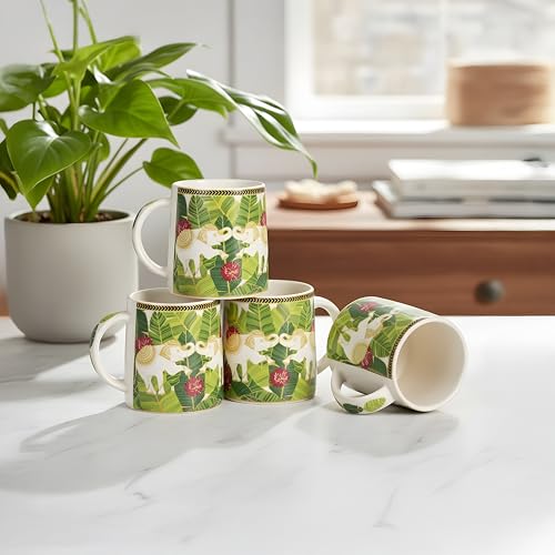 Image of Miah Neelmayur Royale Floral Ceramic Cup Set - Set of 4 | 10.16 cm x 6.85 cm x 8.89 cm | Handcrafted Coffee & Tea Mugs | Microwave & Dishwasher Safe | Vibrant Garden-Inspired Design