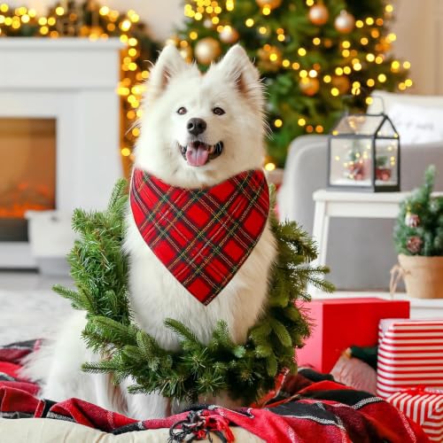 Image of Abbylike 50 Pcs Christmas Plaid Dog Bandanas Bulk, Red and Green Gingham