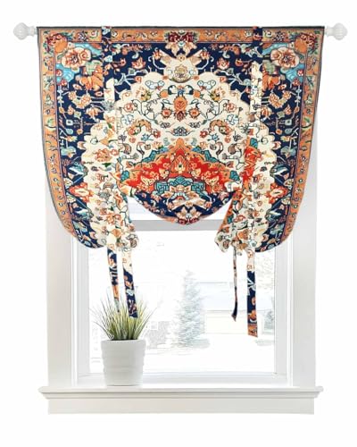 Tie Up Curtains for Windows Orange Blue Boho Pattern Rod Pocket Tie-Up Window Shade Adjustable Balloon Curtain Valance Abstract Geometrically Art for Bedroom Kitchen Bathroom Blinds,34x45in