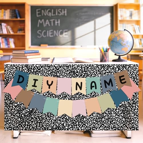 Image of 9FT Composition Notebook Table Skirt Set with 18PCS Boho Paper Pennants Black and White Teacher Desk Skirt for Classroom Decor Back to School Party Supplies Rectangle Cabinet Curtain for Office Dorm