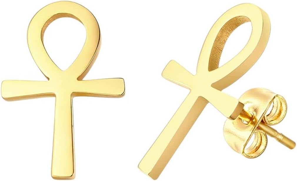 2026 アンク クロス イヤリング ステンレススチール ポスト キー オブ ライフ、ナイル川または核骨 Ansata シンボル エ
