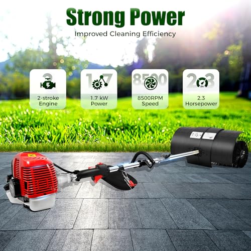 2.3HP 2-Stroke Outdoor Hand Held Gas Power Broom, 52cc 1.7KW Gasoline Power Broom Walk Behind Sweeper Cleaning Driveway Tools, High Performance Cleaner, Hand Held Sweeper for Sweeping Boulevards - Thumbnail 3