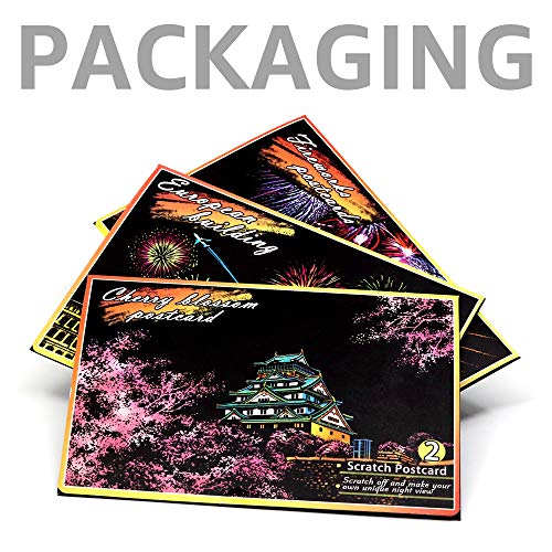 Magic Scratch Art Paper, Mini Envelope Postcard, Rainbow Night View Scratchboard For Adults And Teens, Art & Crafts Set: 12 Sheets Scratch Cards & Drawing Pen, Clean Brush (Fireworks/Cherry Blossom) #TOP4