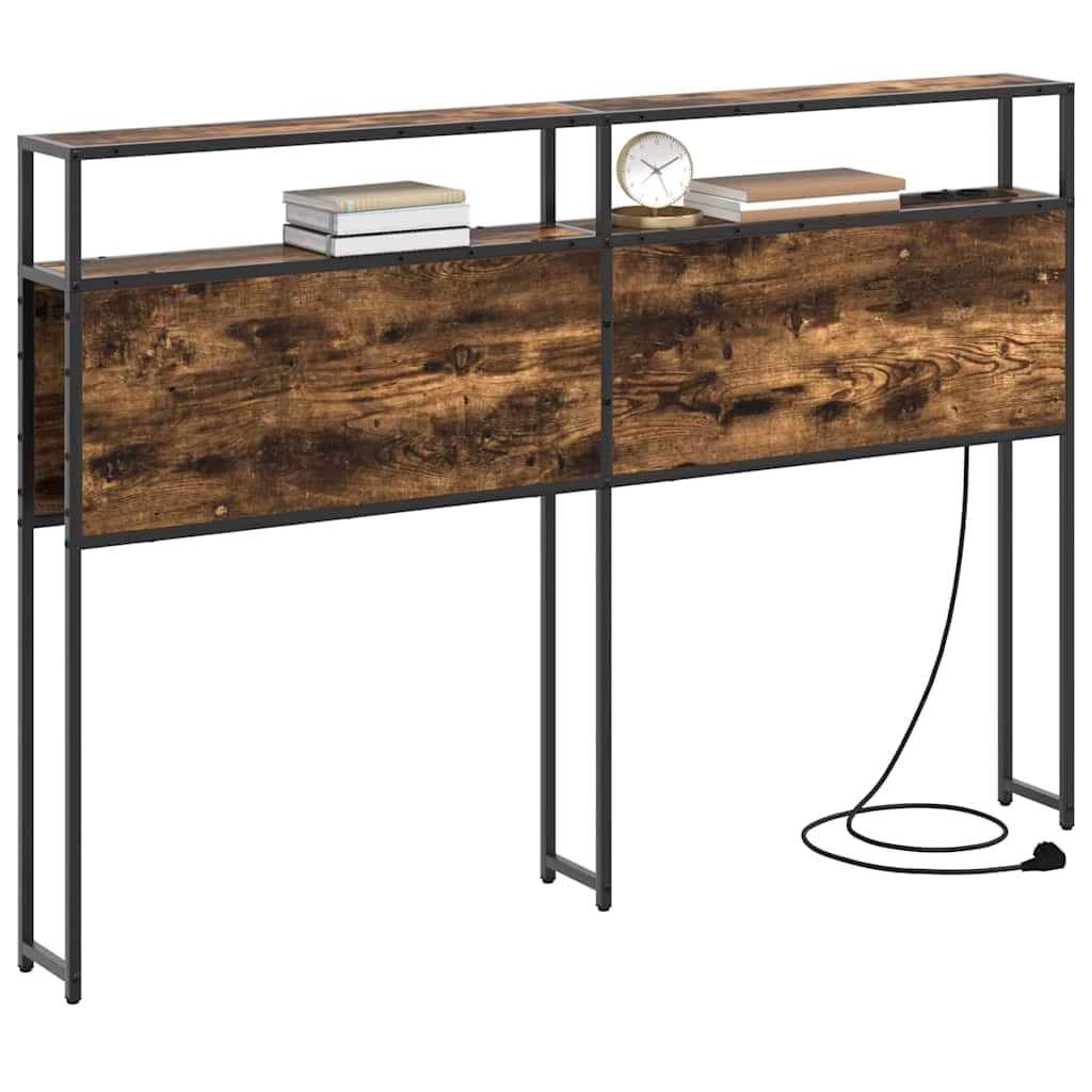 Zagłówek z regałem, dąb wędzony, 120 cm, materiał drewnopochodny, nowoczesny zagłówek łóżka, pełny rozmiar, ze stacją ładującą, wytrzymała drewniana rama