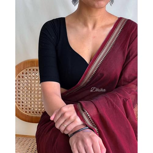 Image of Narayanpet Pure Cotton Avani Border Saree for Women with Running Blouse | Tassels | Traditional Woven Solid Design | Handloom Weave