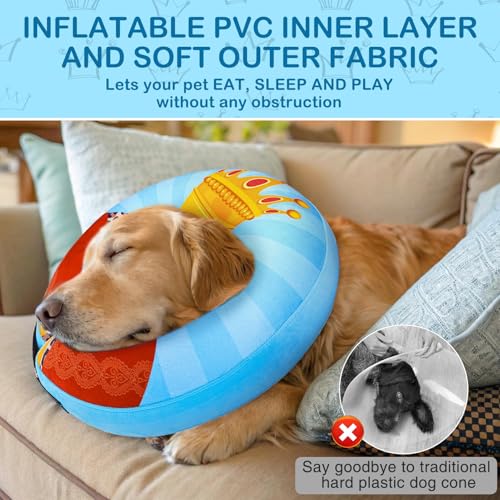 Image of SCENEREAL Dog Cone Alternative After Surgery Donut Collar, Soft Pet Recovery Pillow Collar for Medium Large Dogs, Inflatable Adjustable Neck Collars to Prevent Licking, King Print E-Collars XL