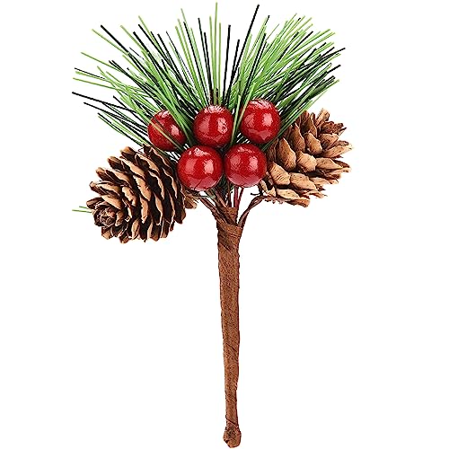 Árboles De Navidad, Home 20 Piezas de Púas de Pino de Navidad Artificiales con Bayas Rojas Y Piñas, Ramas de Agujas de Pino con Tallos de Bayas Rojas, Pequeñas Bayas Falsas, Ramas de...