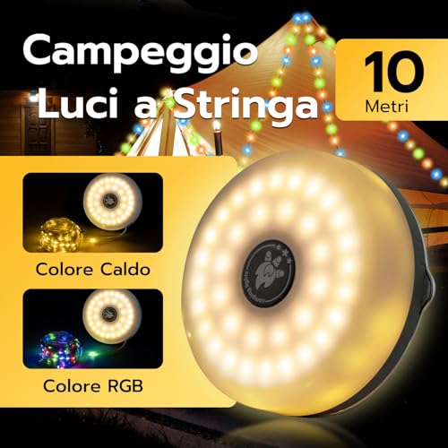 Mcbazel 10M Luci Led Solari Per Camping Con Telecomando, Luci Magiche Impermeabili Per Esterni/Tenda/Giardino/Caravan - Ideale Per Halloween E Natale, 5 Modalità, Usb-C/Solare, IP44 - 2