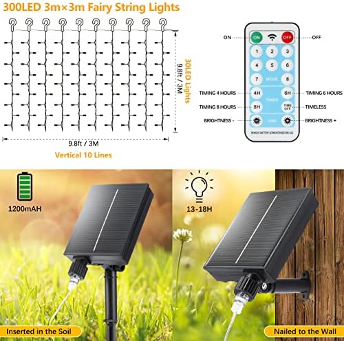 RJEDL Solar Curtain Lights, 3x3m 300 LED Fairy String Lights 8 Modes Remote Control IP65 Waterproof Waterfall Light Cool White