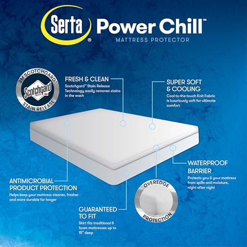 Serta Power Chill Twin XL Size Waterproof Mattress Cover, Soft and Breathable Cooling Mattress Protector, 15" Elastic Deep Pocket for Secure Fit, White