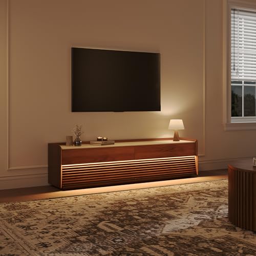 Image of POVISON Fully-Assembled Mid Century Matte Sintered Stone TV Stand, 70.87 inch Wood Media Console with Adjustable LED Light, Entertainment Center with Storage for Living Room