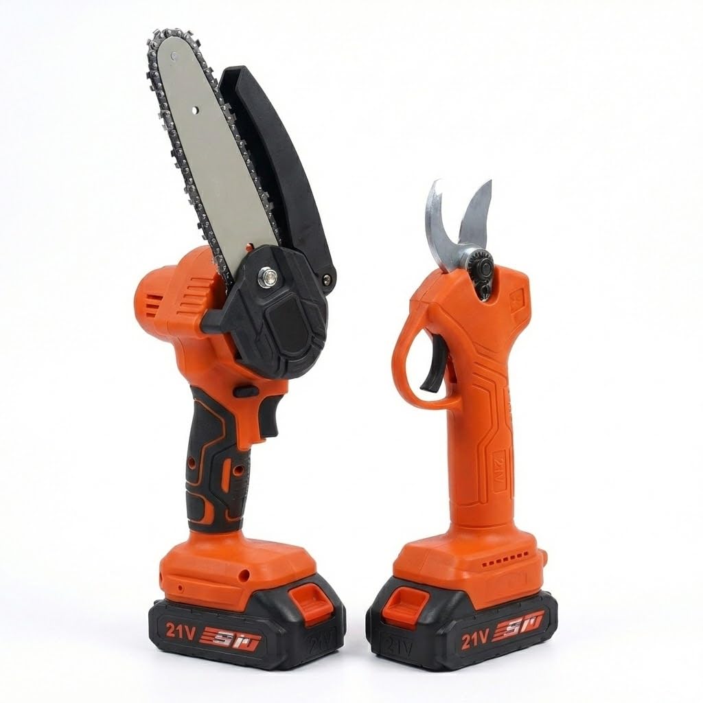 Kit de Poda a Batería con Motosierra, Tijeras Eléctricas y Pértiga Telescópica de 263cm, Incluye 2 Baterías, Cargador y Gafas, para Poda en Altura