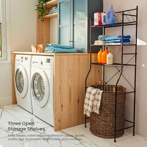 Image of Home Zone Living Over-the-Toilet Bathroom Storage Cabinet Organizer | Freestanding Steel Frame Design with 3-Tier Shelves, Wide Stabilizing Base and Adjustable Feet, Black