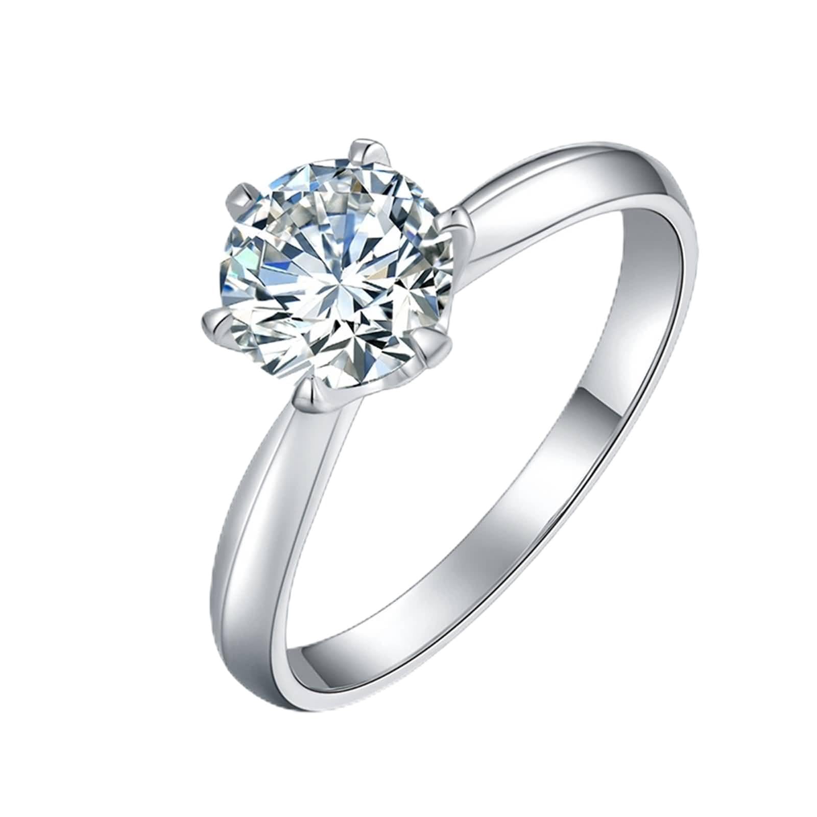 Promise Anello da donna in argento, con dito indice 2 mm di larghezza, fascia lucidata a 6 denti, moissanite 2 ct, platino, misura 52 (16,6)