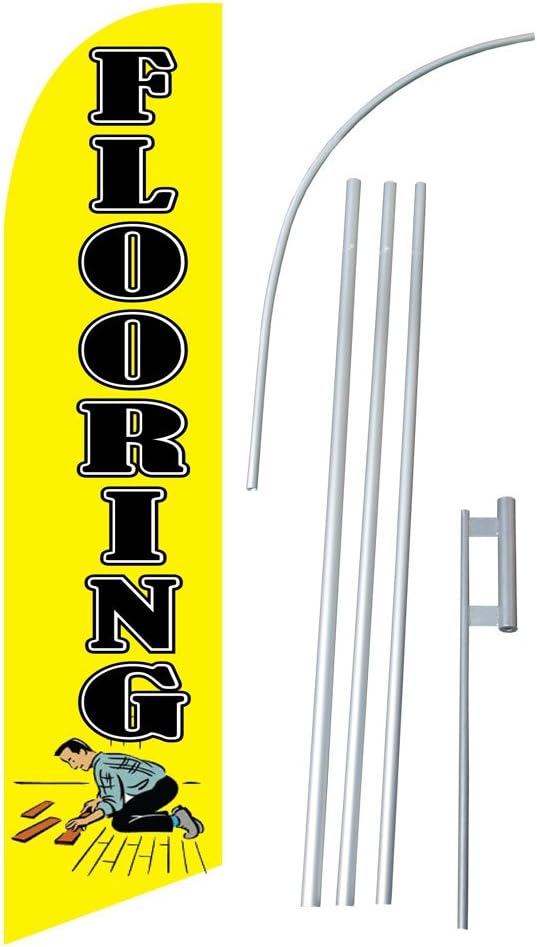 Flooring Yellow w/ Man 12-foot SUPER Swooper Feather Flag With Heavy-Duty 15-foot Pole and Ground Spike
