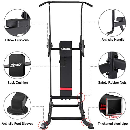 UBOWAY Power Tower with Bench: Pull Up Bar Stand Dip Station Adjustable Height Heavy Duty Multi-Function Fitness Training Equipment Home Gym