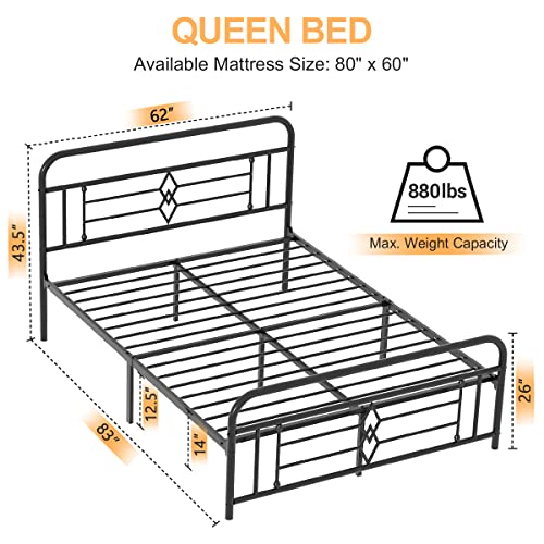 Bigbiglife Queen-Size Vintage Metal Platform Bed Frame With Headboard & Footboard, Under Bed Storage, No Box Spring Needed, Easy Assembly, Black #TOP1