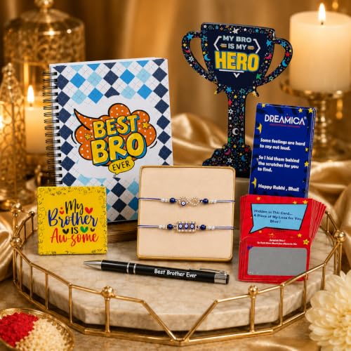 Image of Dreamica Designer Set of 2 Rakhi, Best Bro Diary, Fridge Magnet,Set of 8 Scratch Cards, Pen, Greeting Card and Tilak Set| Best Rakhi Gift for Brother