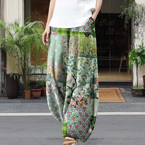 Wide Leg Patchwork Pants for Women Dressy Casual Palazzo Pants Plus Size Elastic Waist Lantern Harem Pants2
