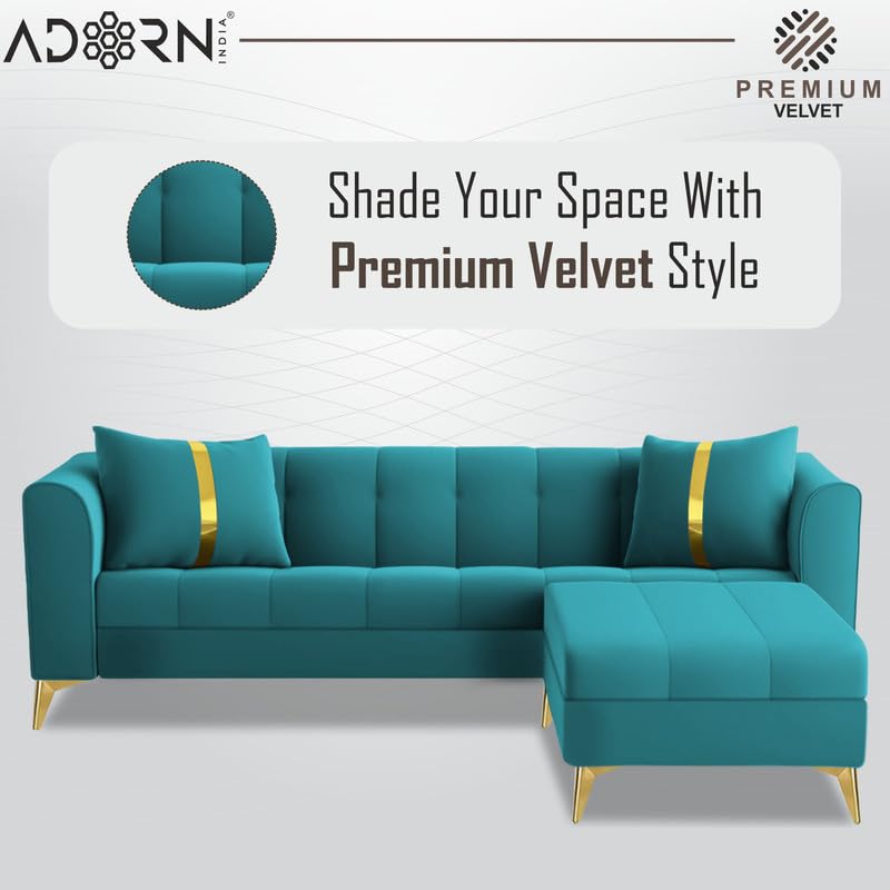Image of Adorn India Premium Mystic - 3 Years Warranty - L Shape 4 Seater Sofa Set Velvet Suede Fabric - Aqua Blue