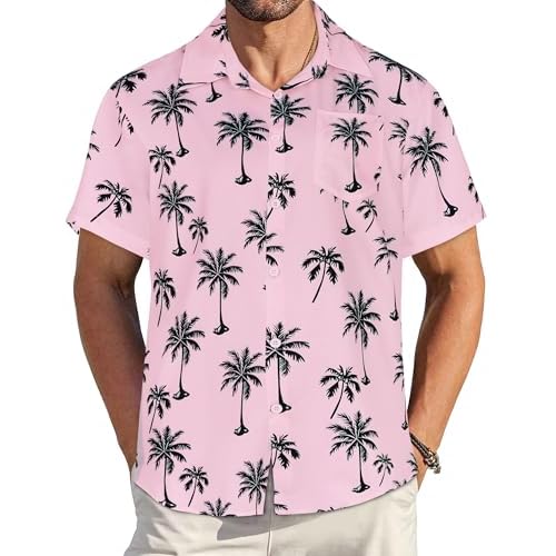 Mens Hawaiian Shirt Short Sleeve Summer Beach Casual Tops Button Down T Shirts with Pocket(Green Tree Pink Floral,S)