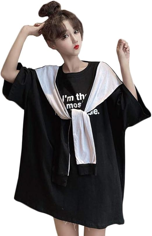 Amazon ｊｑｂｆｌtシャツ レディース 半袖 夏服 トップス 韓国ファッション ティーシャツ ゆったり カットソー レイヤード風 個性的 おしゃれ ビッグｔシャツ 原宿系 Freesize黒 Tシャツ カットソー 通販