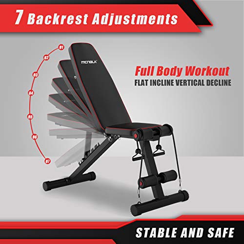 MCNBLK Adjustable Weight Bench 400lbs Capacity, Incline Decline Weight Lifting Workout Bench Home Gym, Multi-Position Utility Bench for Full Body Workout, Folding Dumbbells Bench with Elastic Ropes