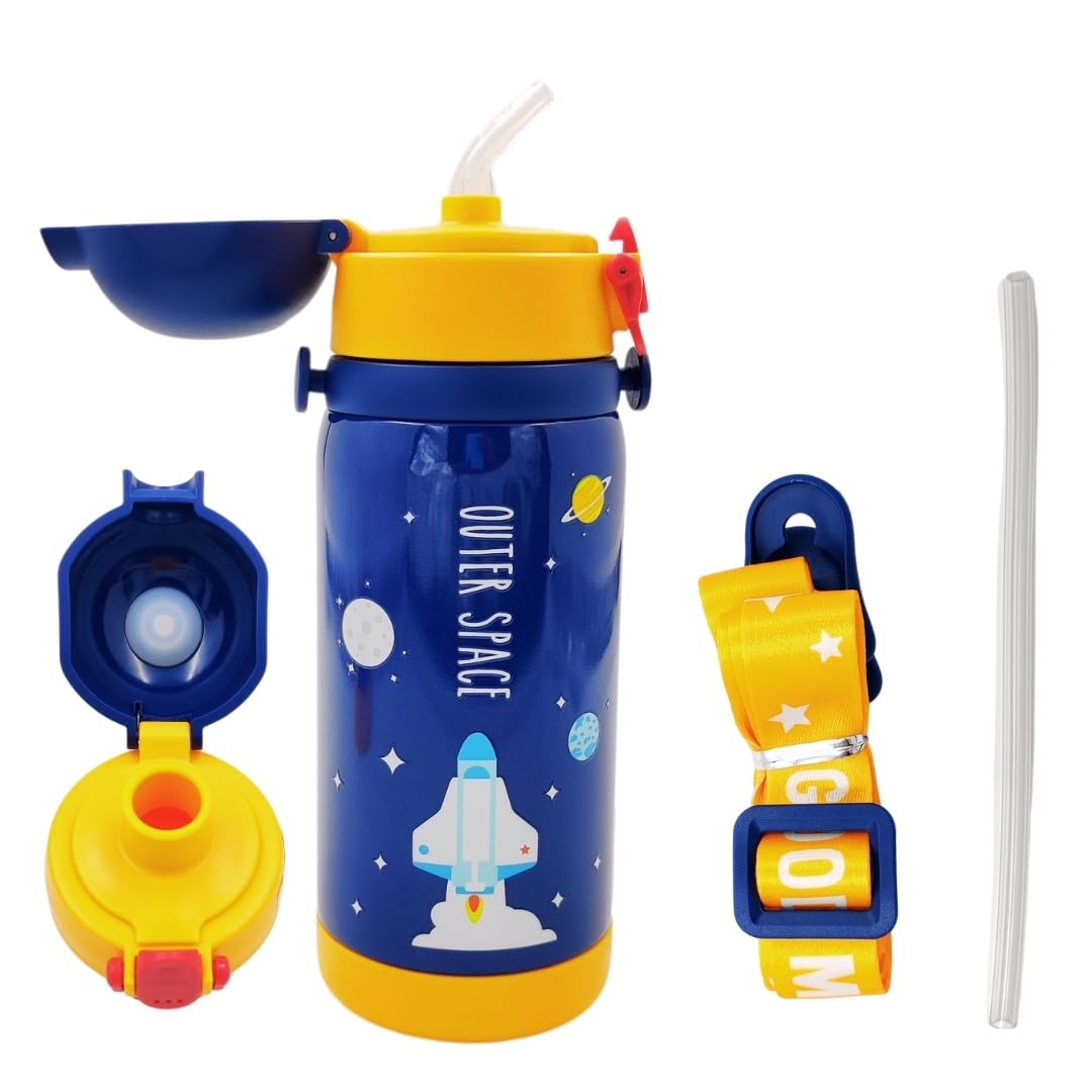 PLUSPOINTPLUSPOINT Stainless Steel Water Bottle for Kids Space Hot & Cold Vacuum Insulated Double Walled Thermos Flask with Carry Strip to Hang and 2 Caps Bottle with Straw & Wide Mouth Cap 450ML (Blue)