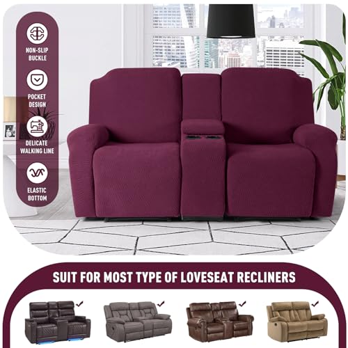 Image of KinCam Loveseat Recliner Covers with Middle Console Slipcover, Recliner Sofa Covers 2 Seat Couch Cover Stripe Jacquard Furniture Protector Covers with Elastic Bottom for Kids, Pets (Burgundy)