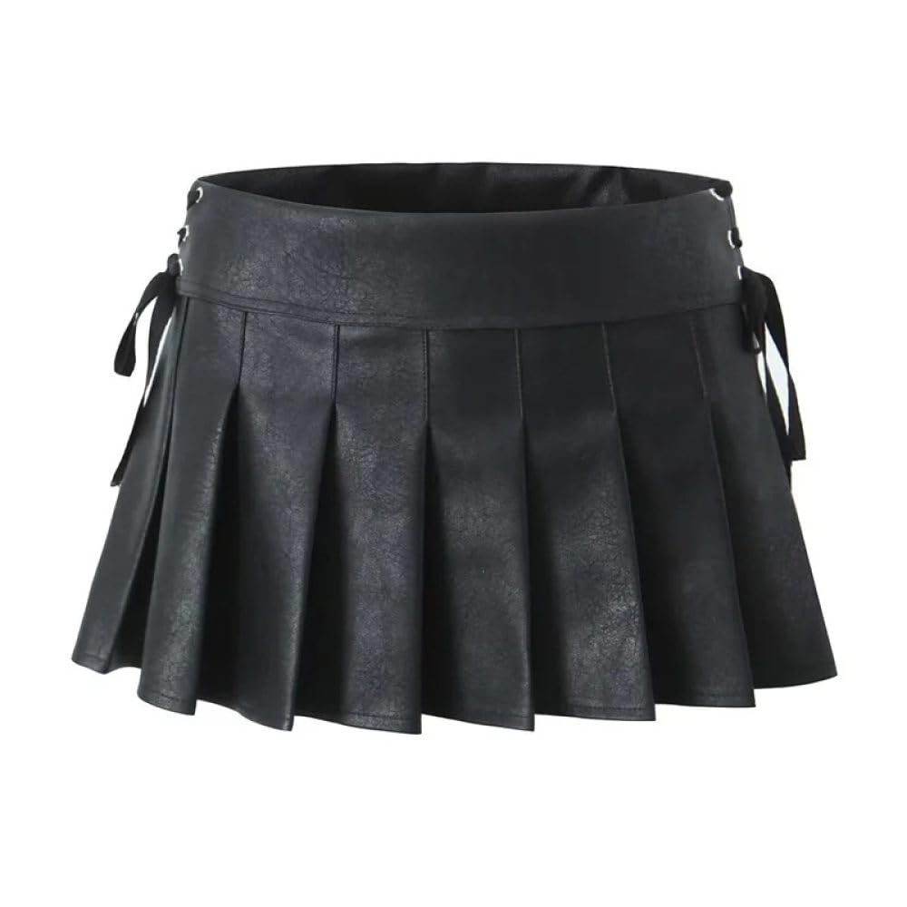 SWEPER Falda Corta De Mujer - Minifalda Plisada Dulce De Cuero Artificial con Cremallera Lateral Decorativa con Cordones para Mujer