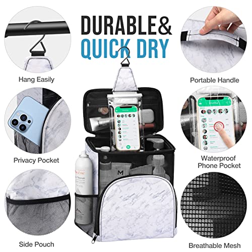 Binsuns Portable Shower Caddy, Hanging Toiletry Bag With Phone Pocket, Travel Shower Caddy Organizer College Essentials - College, Dorms, Gym, Camp, Bath(White Marble) #TOP6