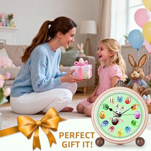 Reloj de sobremesa con alarma de conejo y diseño de huevo de Pascua metálico para estante de salón 8