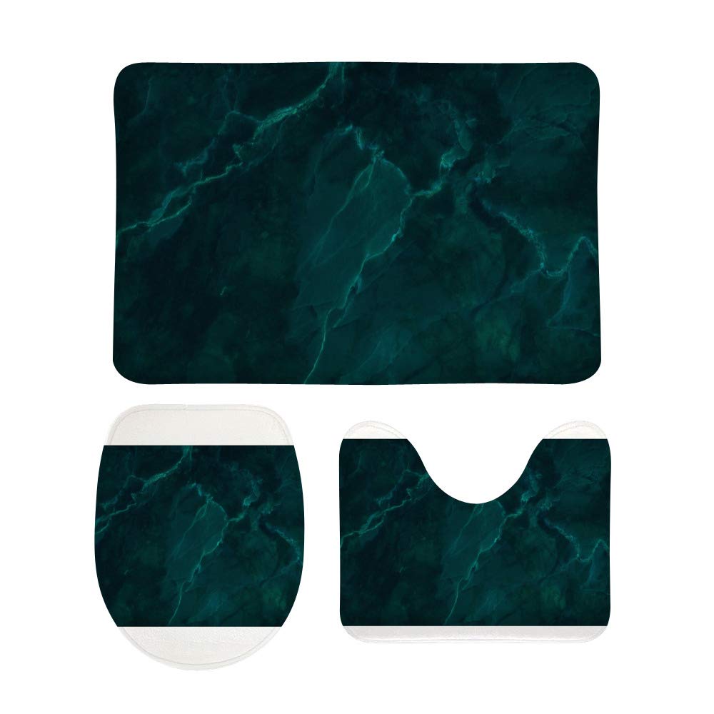 Tapis de salle de bain lot de 3 lavable en machine marbre vert foncé avec U
