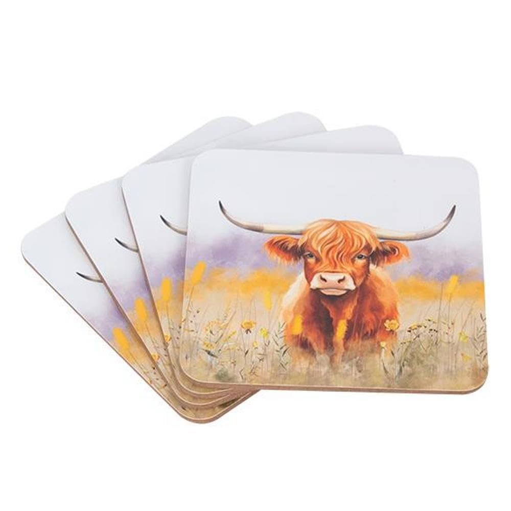 Yöl 8 Cow Coasters Set Of 8 Highland Cow Drinks Coasters Tea Coffee Table Protection Cork Backing Surface Protectors Non-Slip