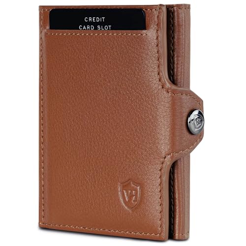 VON HEESEN Slim Wallet mit XL Münzfach & RFID-Schutz - Mini Geldbörse Herren & Damen - Kartenetui Geldklammer Kreditkartenetui - Portmonee Geldbeutel Portemonnaie klein (Cognac-Braun)