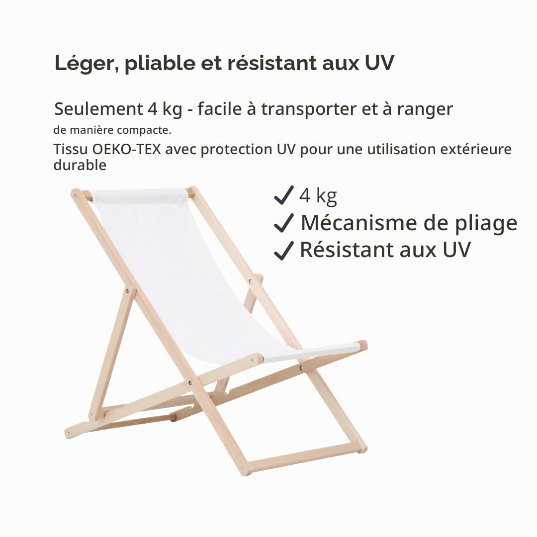 BAS Chaise Longue Pliante en Bois - Lot de 2 Transates de Plage Chaise Blanc - Chilienne Pliante - Chaise Longue Jardin Relax Pliable pour Balcon, Plage, terrasse et Camping