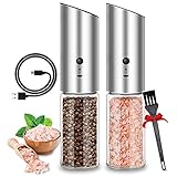 2 Pcs New Rechargeable Electric Salt & Pepper Grinder - Automatic Gravity Mill - Adjustable Coarseness Knob Shaker - Large Refillable Glass, Ceramic Grind, Stainless Steel - 170ML High Capacity