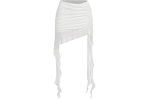 White Skirt with Fur Trim: Women's Ruched Ruffle Trim Asymmetrical Bodycon Mini Mesh Skirt